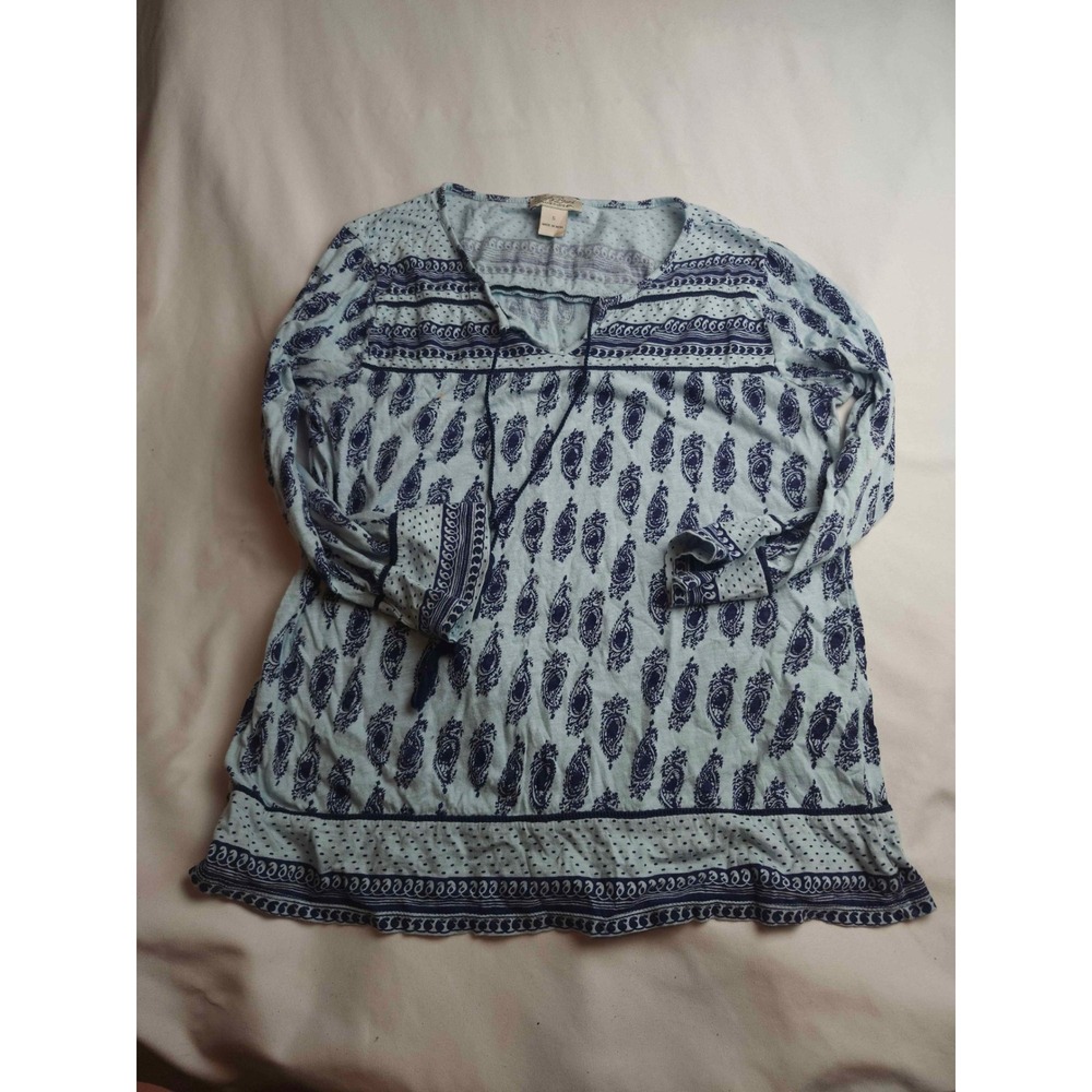 Lucky Brand Blue Paisley Tassel Tie Peasant Top Long Sleeve Blouse Womens Small